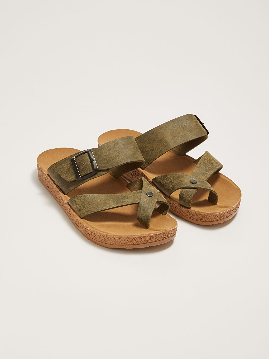 Haki Çift Bantlı Toka Detaylı Erkek Terlik