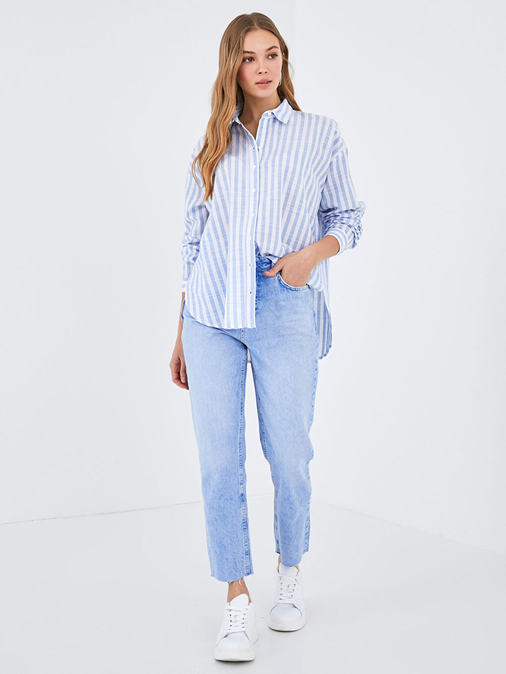 Button-Down Striped Long Sleeve Oversized Poplin Women's Shirt