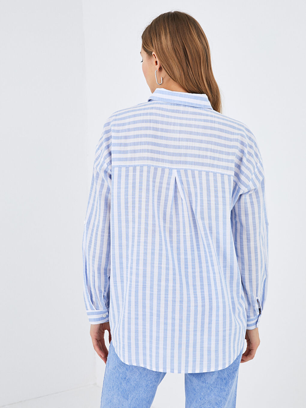 Button-Down Striped Long Sleeve Oversized Poplin Women's Shirt-2