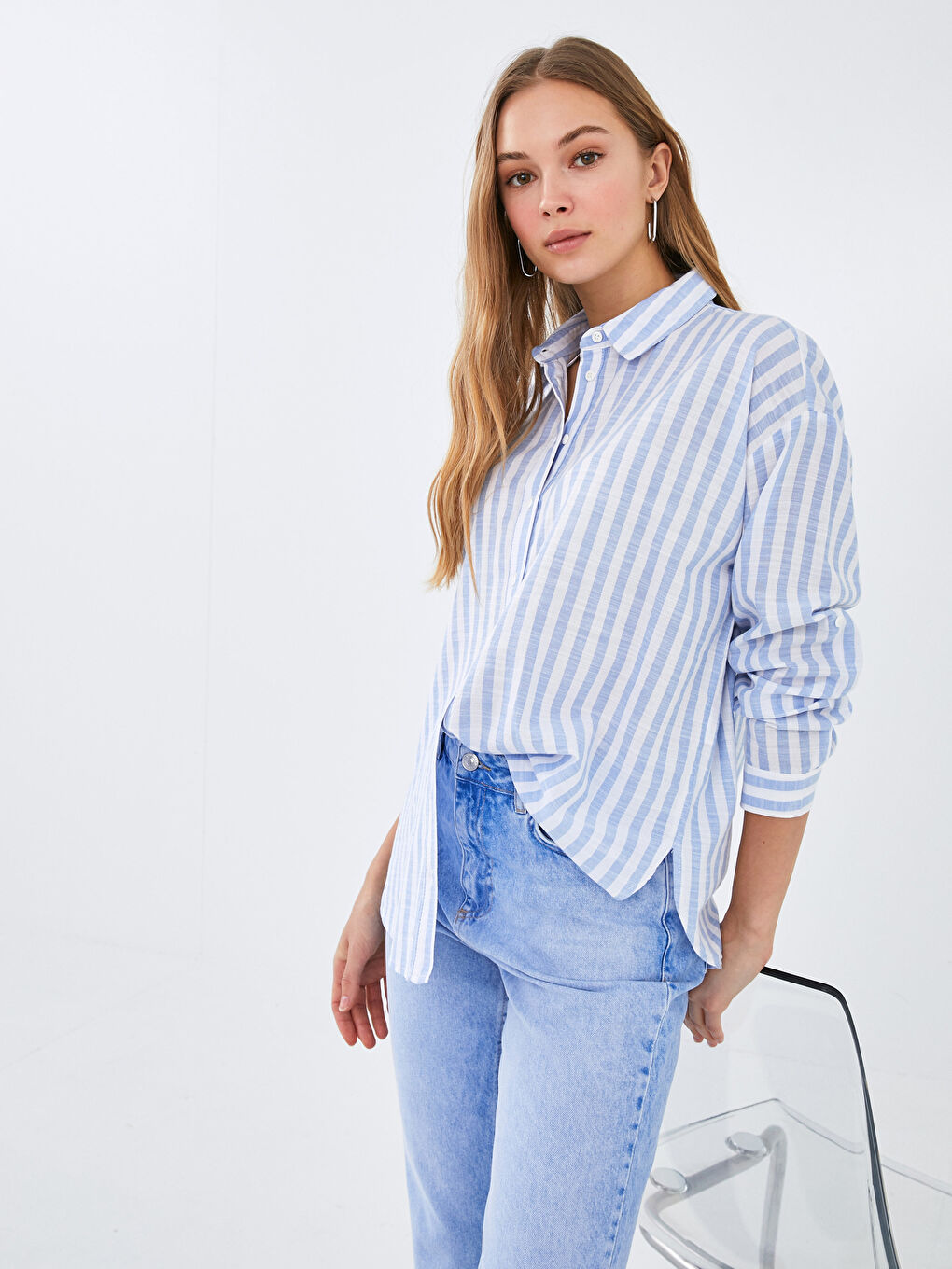 Button-Down Striped Long Sleeve Oversized Poplin Women's Shirt-3