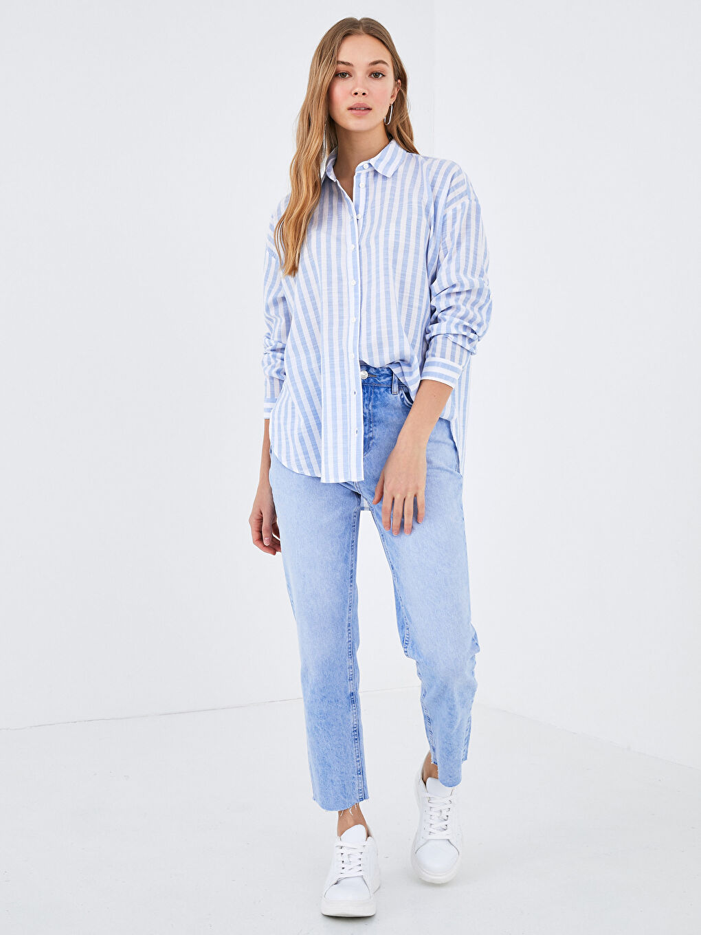Button-Down Striped Long Sleeve Oversized Poplin Women's Shirt-1