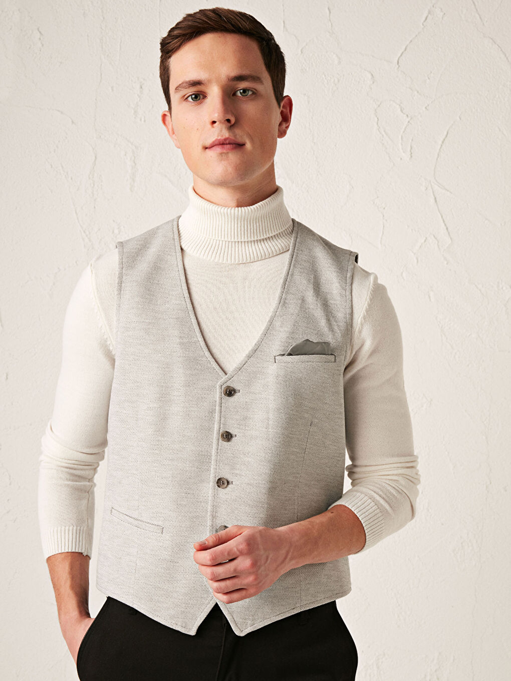 Gri Dar Kalıp Dokulu Klasik Yelek-3