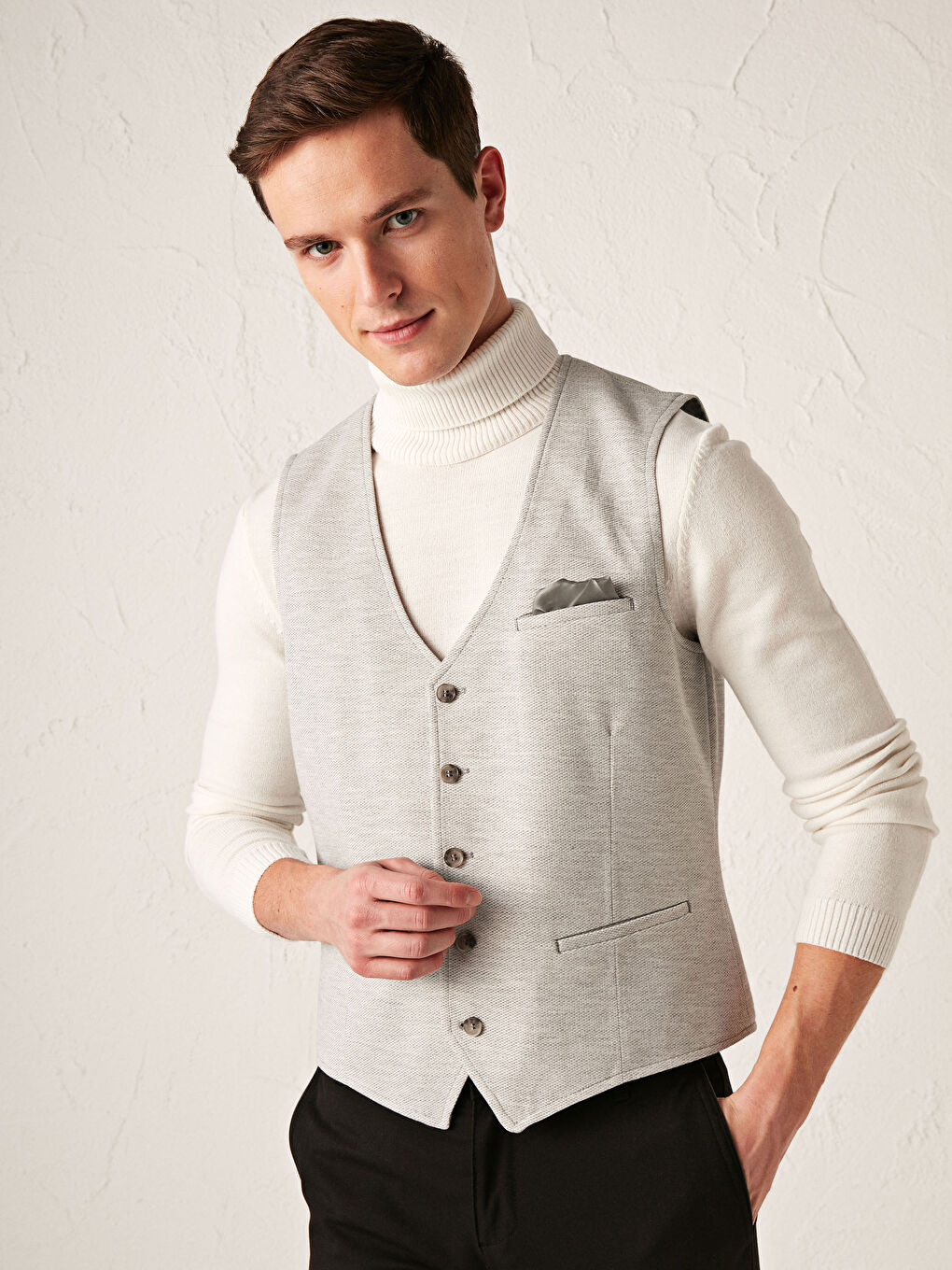 Gri Dar Kalıp Dokulu Klasik Yelek-4