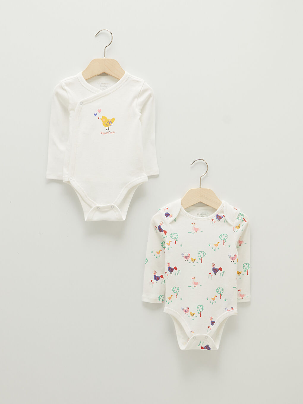 Ekru Bisiklet Yaka Uzun Kol Baskılı Pamuklu Kız Bebek Çıtçıtlı Body 2'li