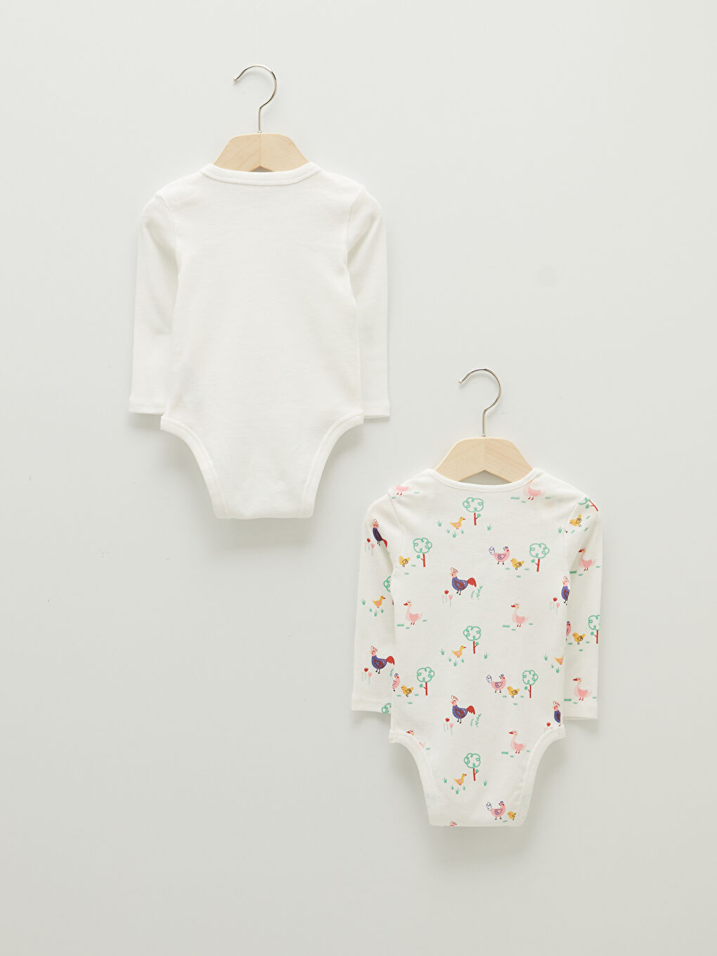 Ekru Bisiklet Yaka Uzun Kol Baskılı Pamuklu Kız Bebek Çıtçıtlı Body 2'li-1