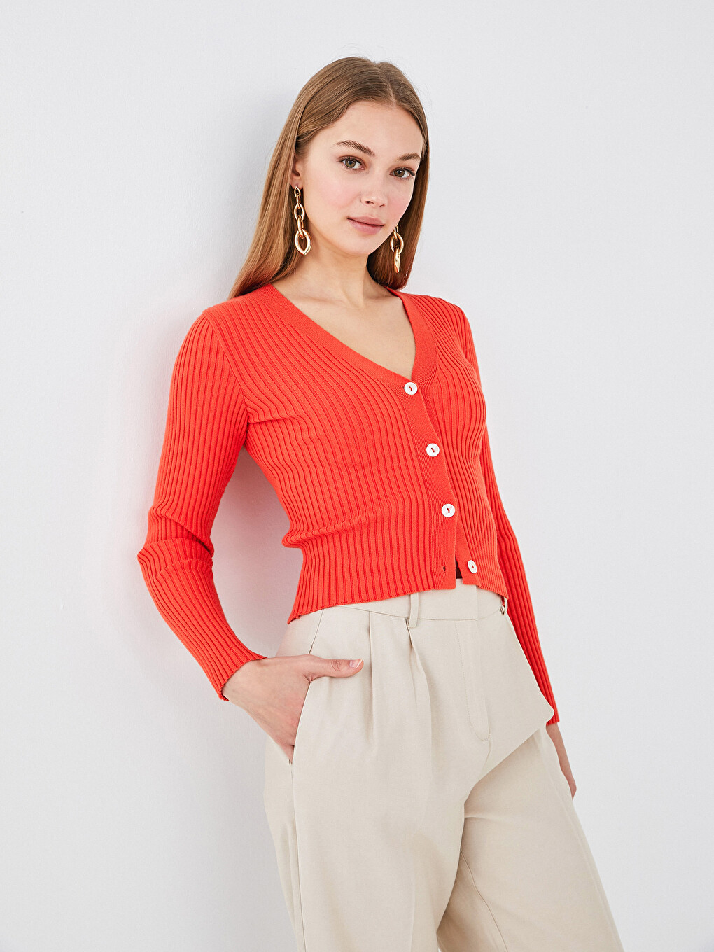 V Neck Straight Long Sleeve Women's Knitwear  Cardigan