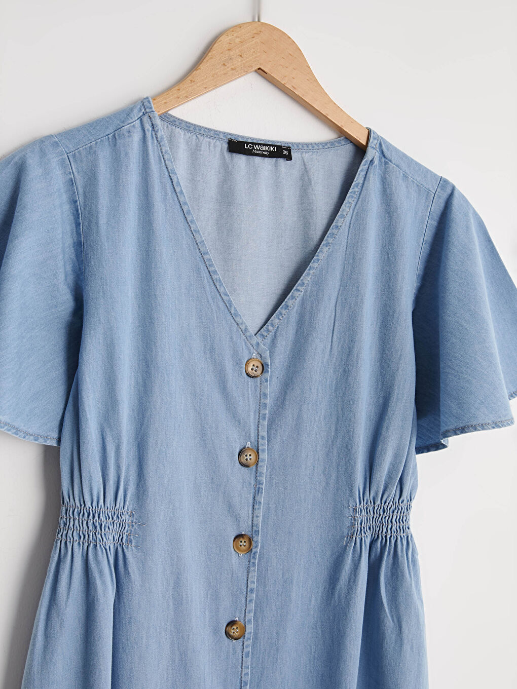 Rochie din Denim pentru Gravide din Bumbac, Decolteu în V, Închidere cu Nasturi, Mânecă Scurtă, Croială A-7