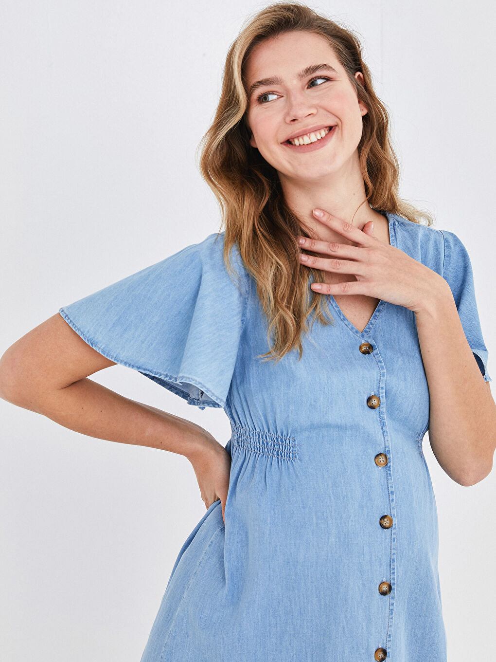 Rochie din Denim pentru Gravide din Bumbac, Decolteu în V, Închidere cu Nasturi, Mânecă Scurtă, Croială A-2