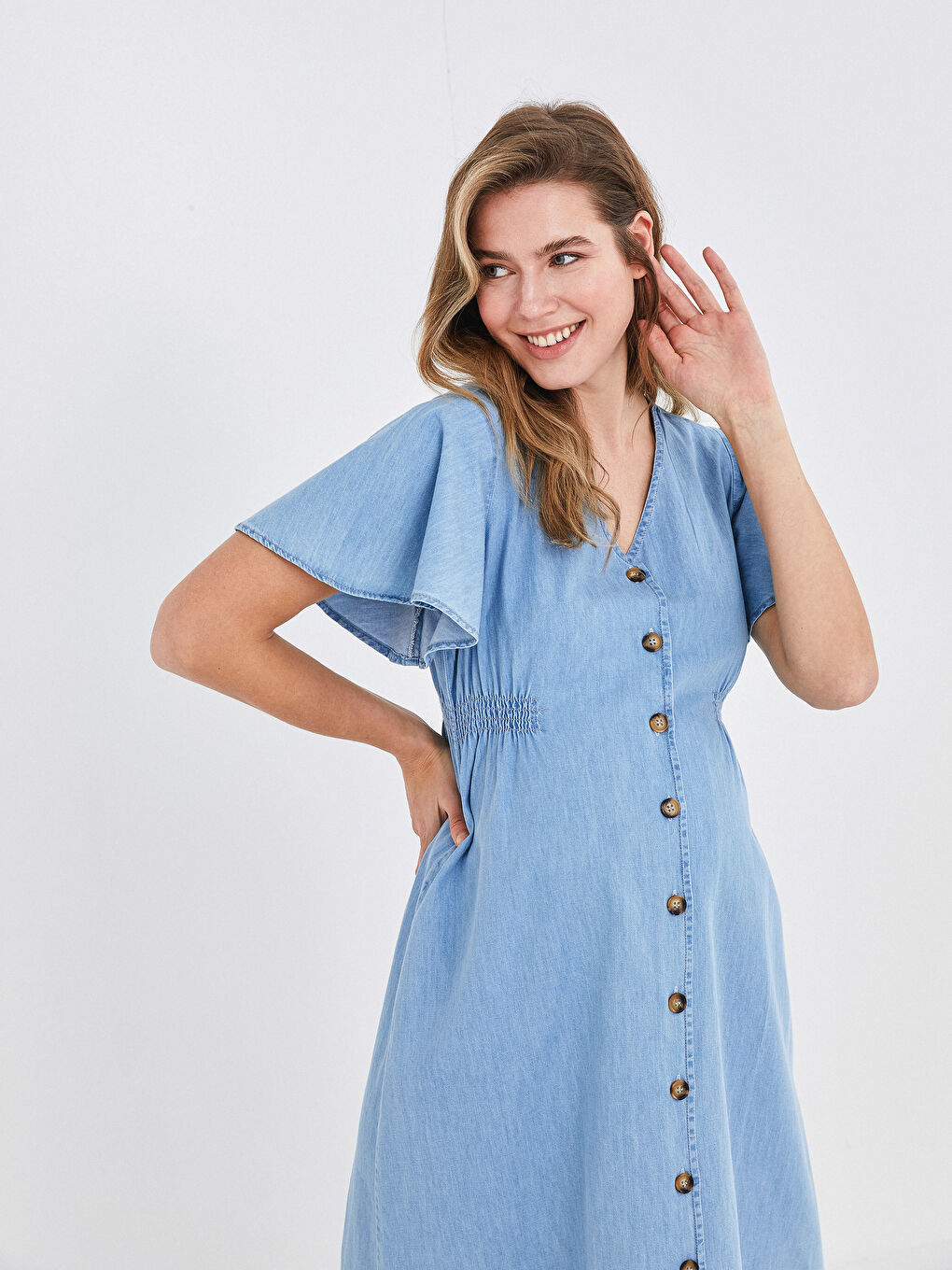 Rochie din Denim pentru Gravide din Bumbac, Decolteu în V, Închidere cu Nasturi, Mânecă Scurtă, Croială A-3