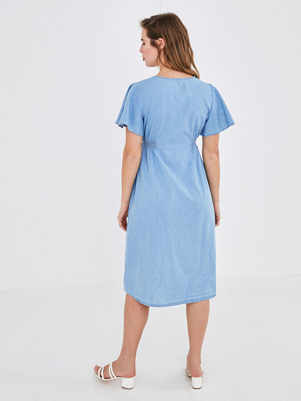 Rochie din Denim pentru Gravide din Bumbac, Decolteu în V, Închidere cu Nasturi, Mânecă Scurtă, Croială A-4