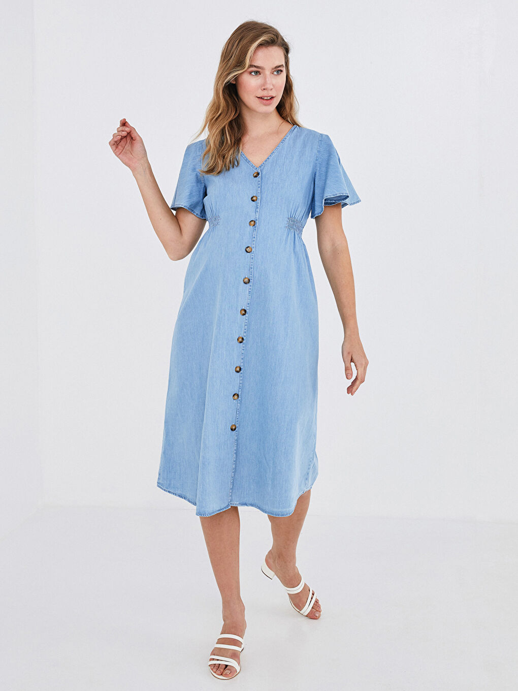 Rochie din Denim pentru Gravide din Bumbac, Decolteu în V, Închidere cu Nasturi, Mânecă Scurtă, Croială A