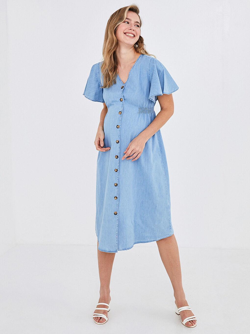 Rochie din Denim pentru Gravide din Bumbac, Decolteu în V, Închidere cu Nasturi, Mânecă Scurtă, Croială A-1