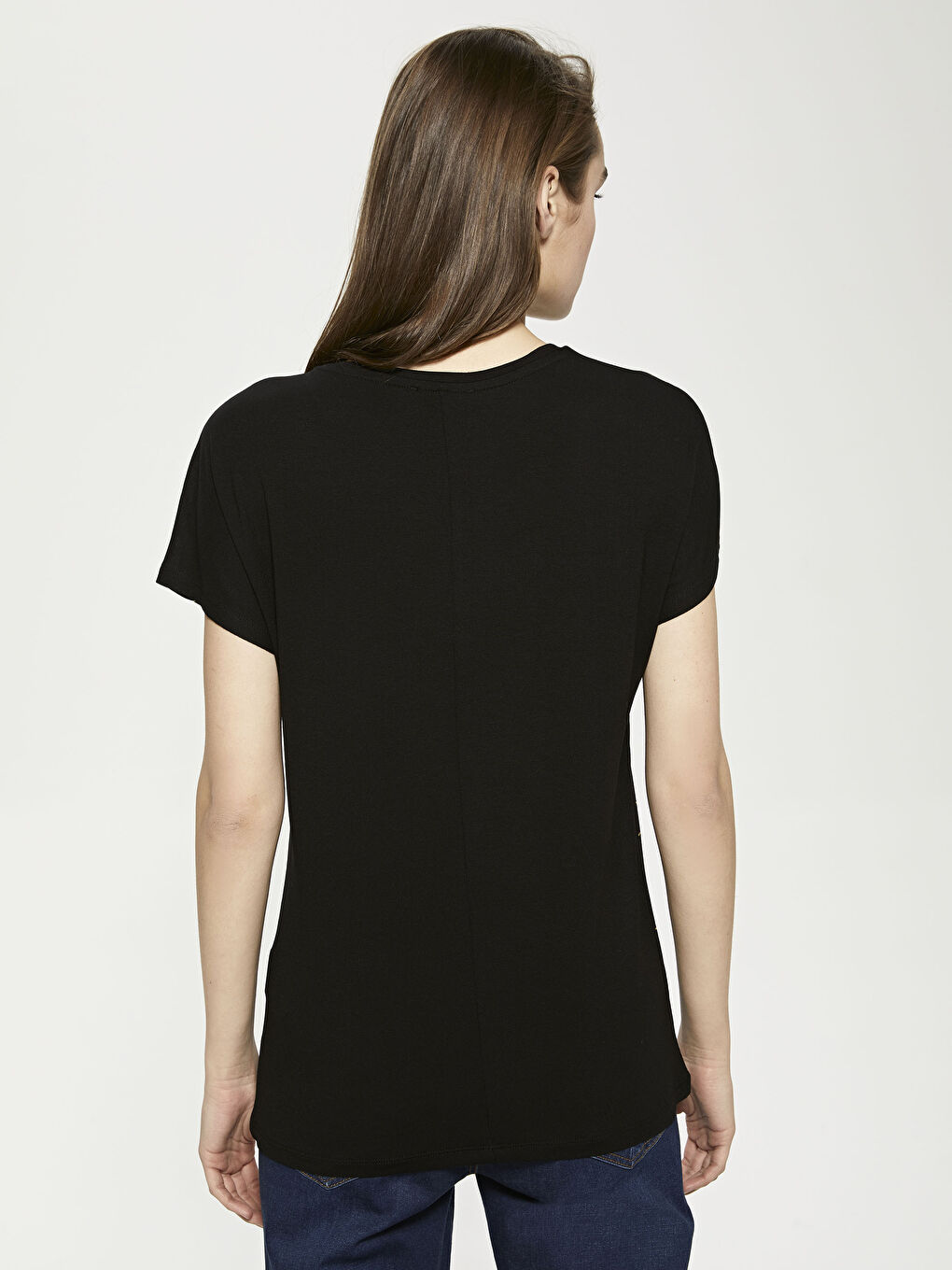 Siyah Bisiklet Yaka Baskılı Kısa Kollu Viskon Kadın Tişört-4