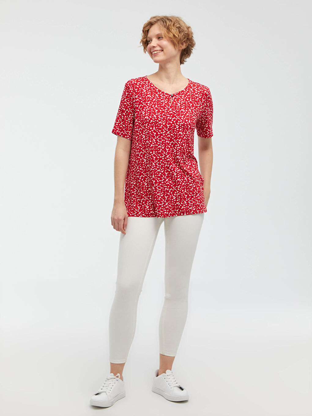 LCW Grace V-Neck Printed Short Sleeve Women's T-Shirt -S1CU34Z8-LTQ