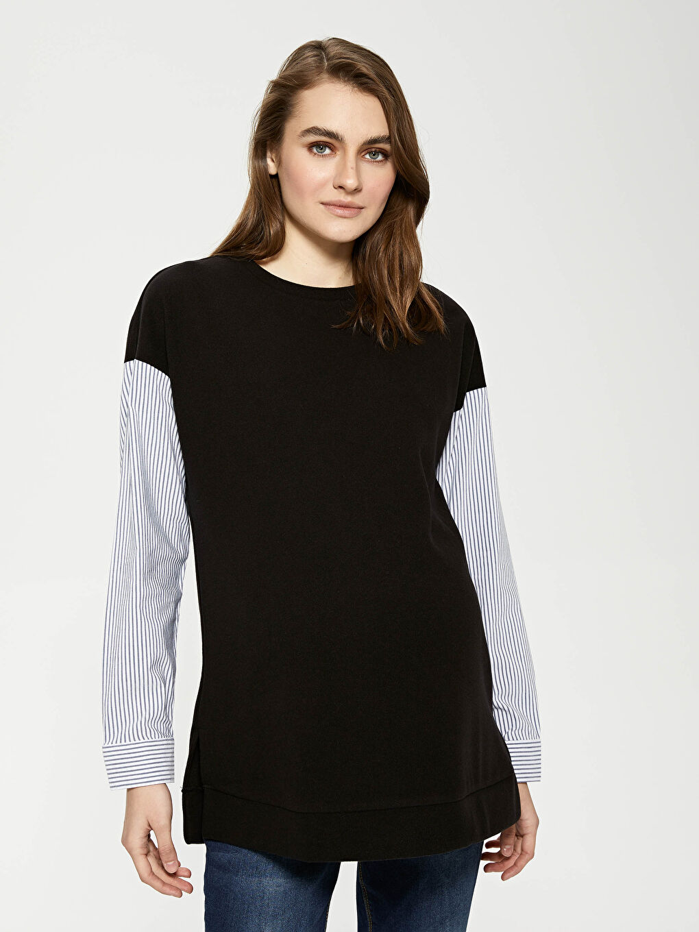 Siyah Bisiklet Yaka Çizgili Uzun Kollu Hamile Sweatshirt