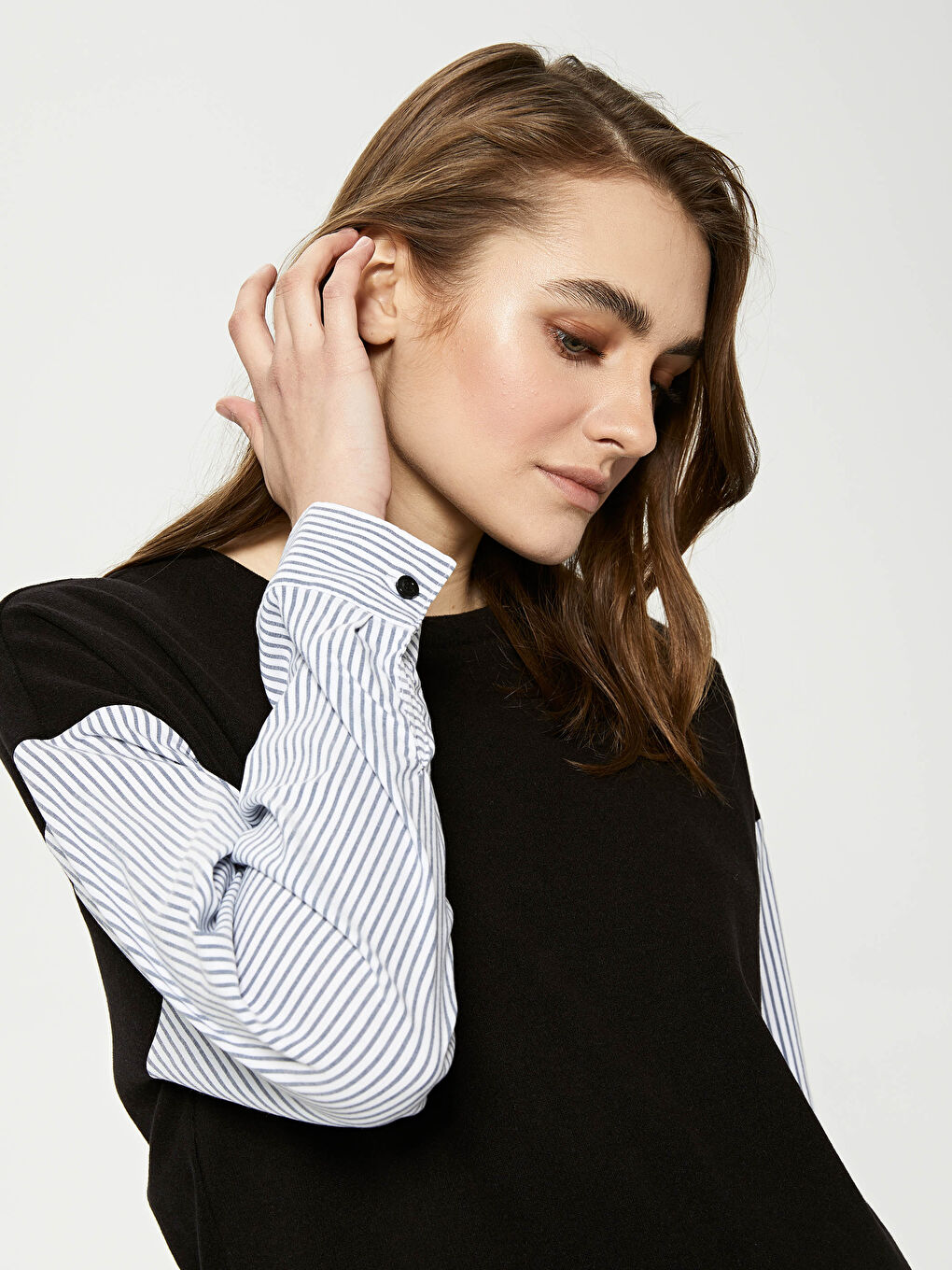 Siyah Bisiklet Yaka Çizgili Uzun Kollu Hamile Sweatshirt-1