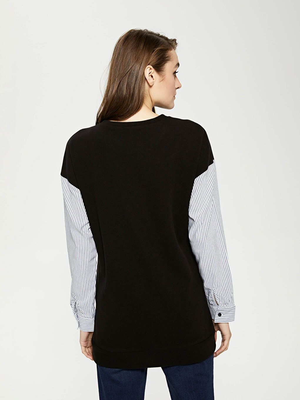 Siyah Bisiklet Yaka Çizgili Uzun Kollu Hamile Sweatshirt-4