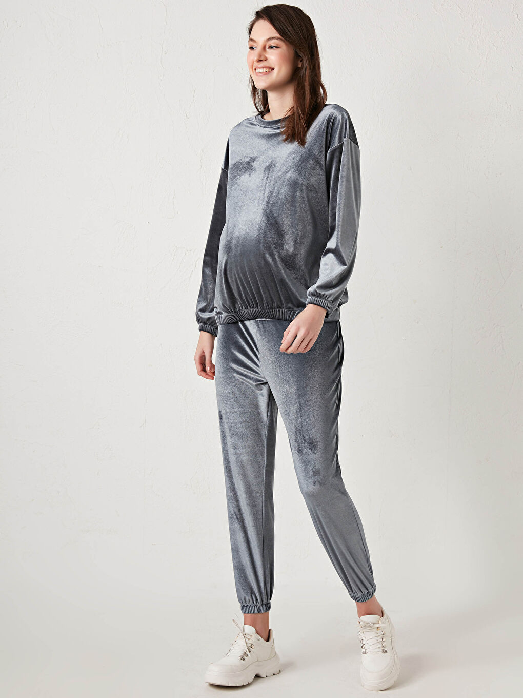 Bej Bisiklet Yaka Düz Uzun Kollu Kadife Hamile Sweatshirt-2