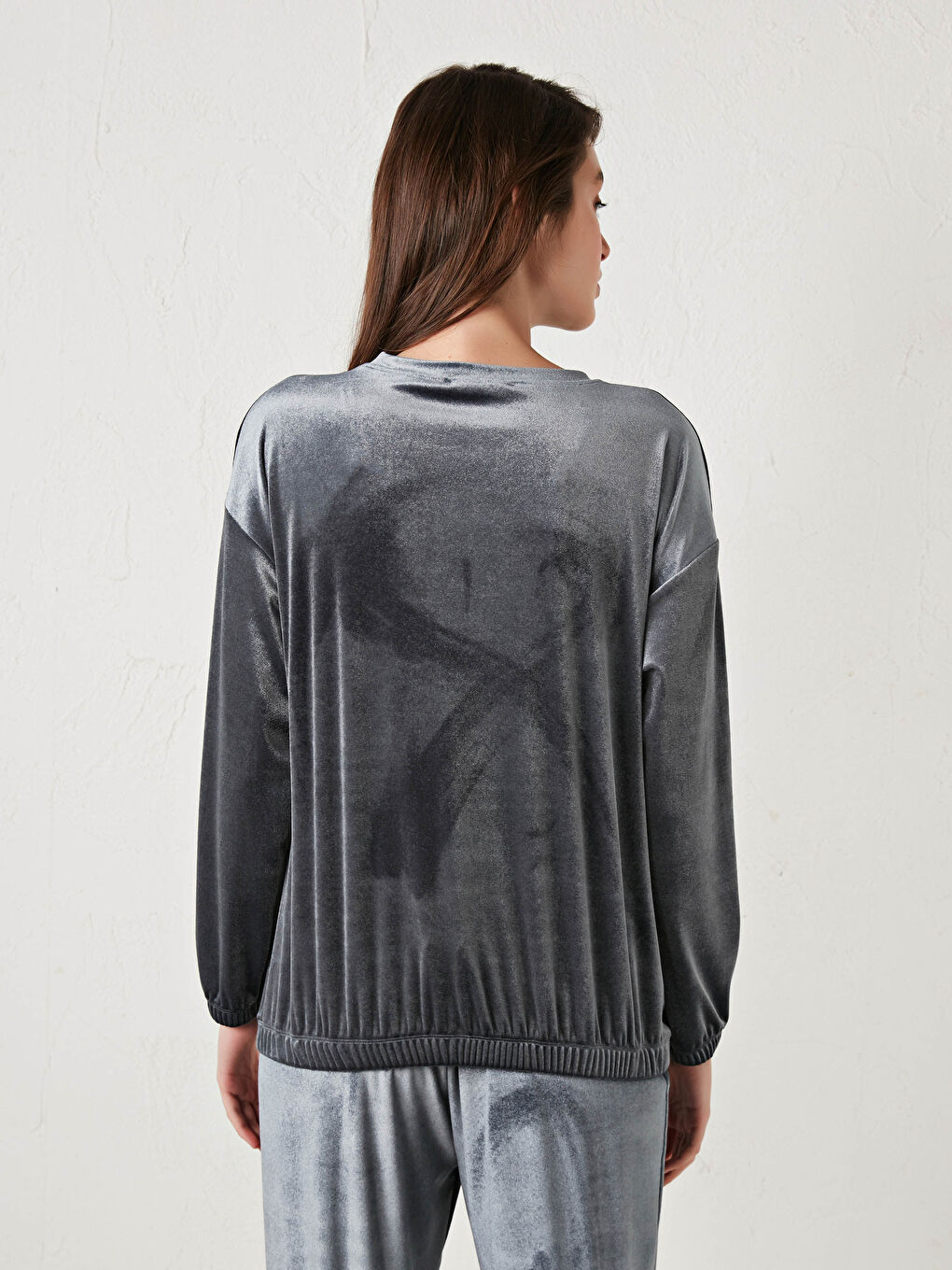 Bej Bisiklet Yaka Düz Uzun Kollu Kadife Hamile Sweatshirt-3