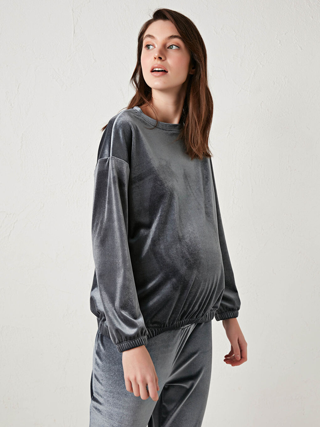 Bej Bisiklet Yaka Düz Uzun Kollu Kadife Hamile Sweatshirt