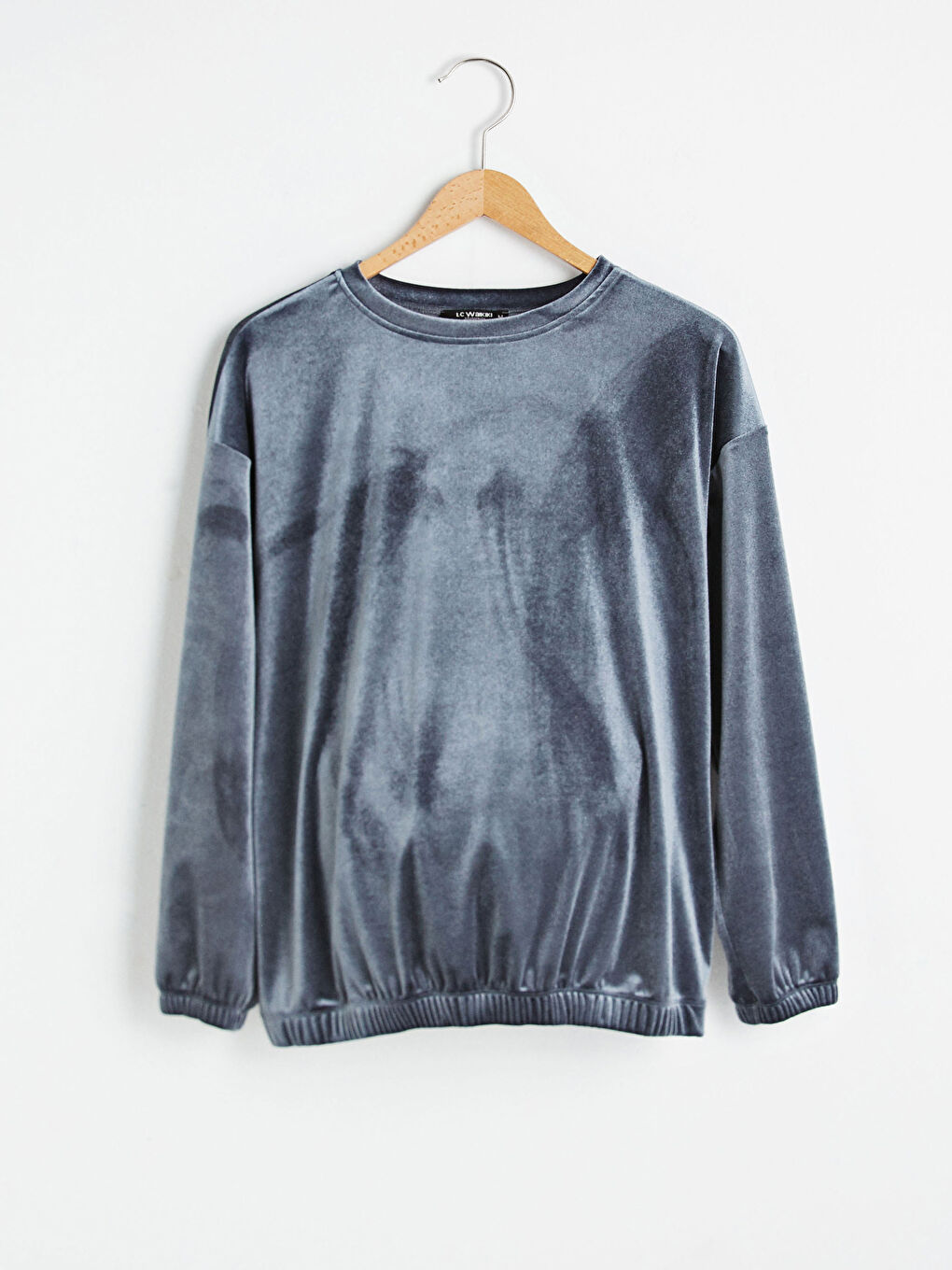 Bej Bisiklet Yaka Düz Uzun Kollu Kadife Hamile Sweatshirt-5