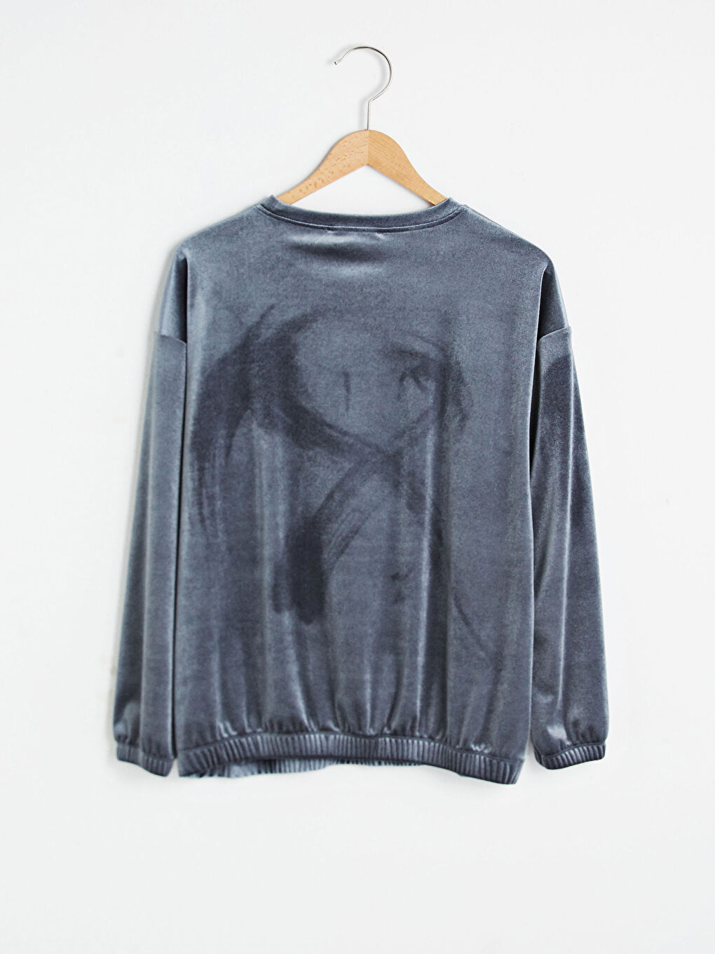 Bej Bisiklet Yaka Düz Uzun Kollu Kadife Hamile Sweatshirt-6