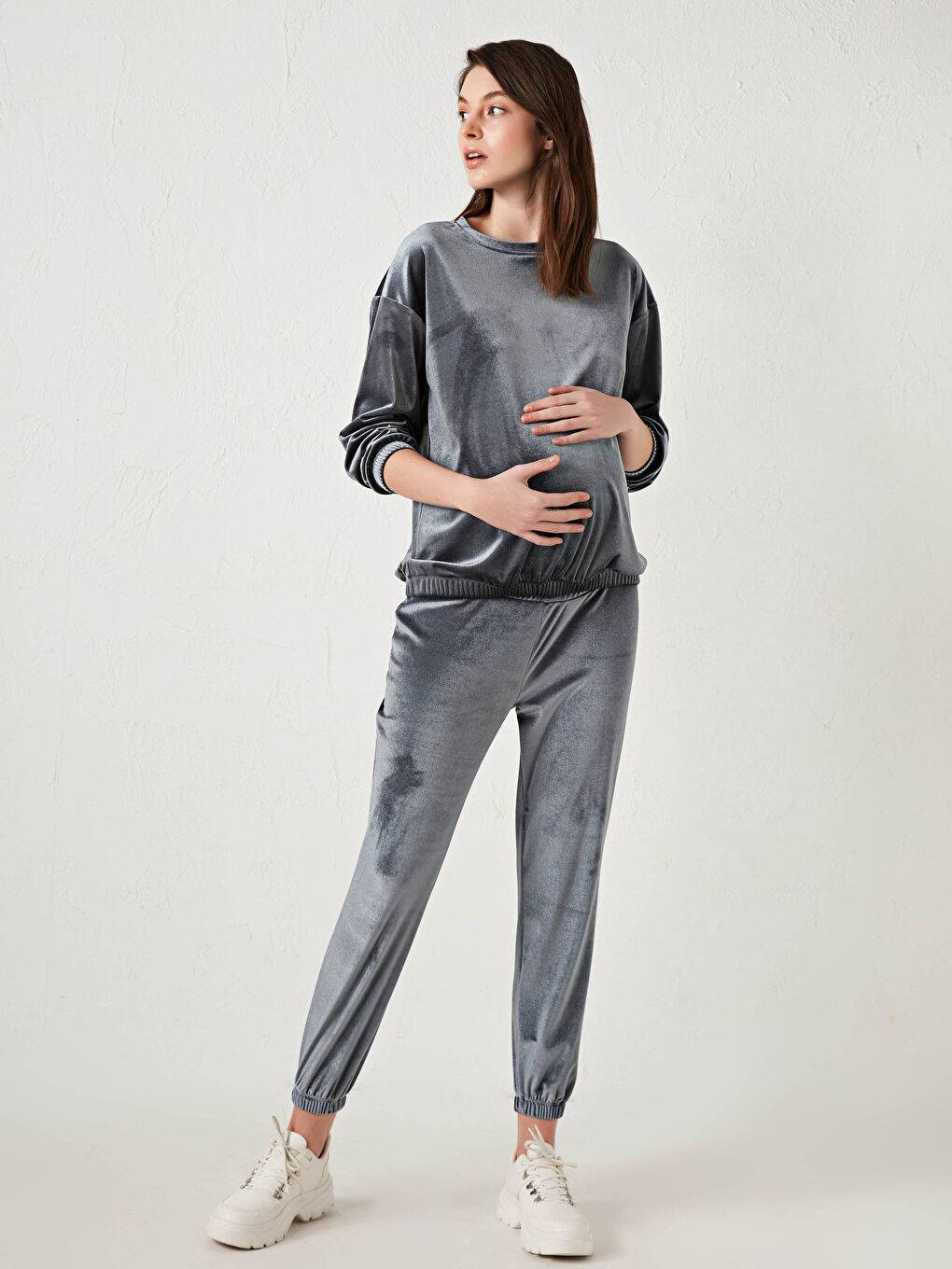 Beli Lastikli Kadife Hamile Eşofman Alt-1