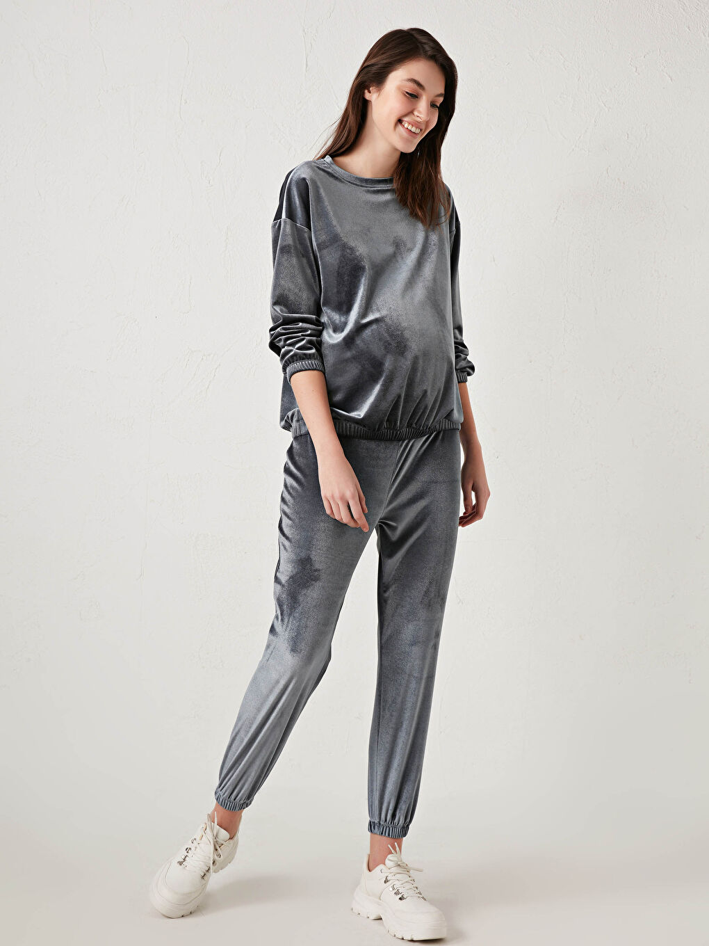 Beli Lastikli Kadife Hamile Eşofman Alt-4