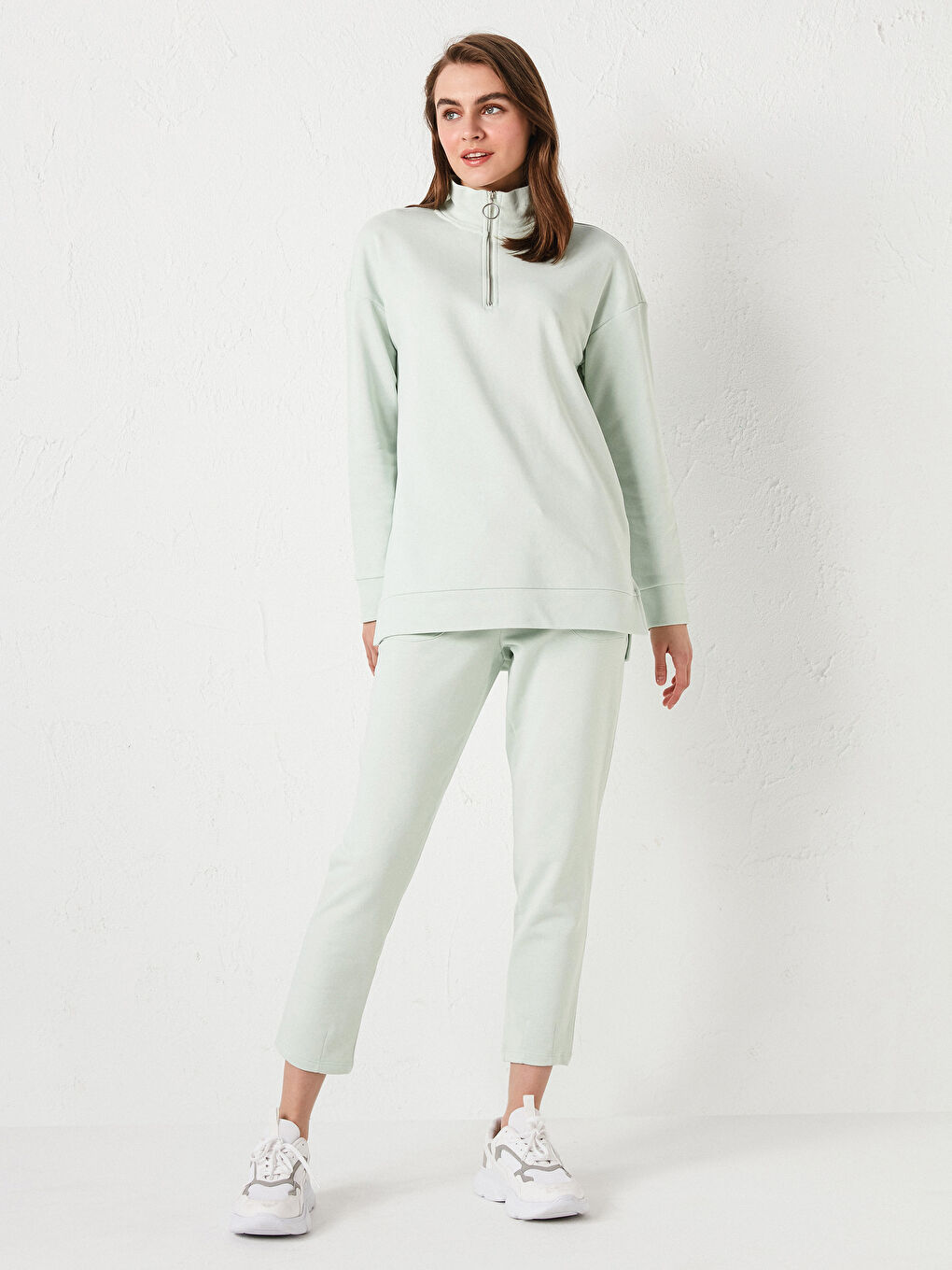 Yeşil Dik Yaka Düz Uzun Kollu Kadın Sweatshirt-2