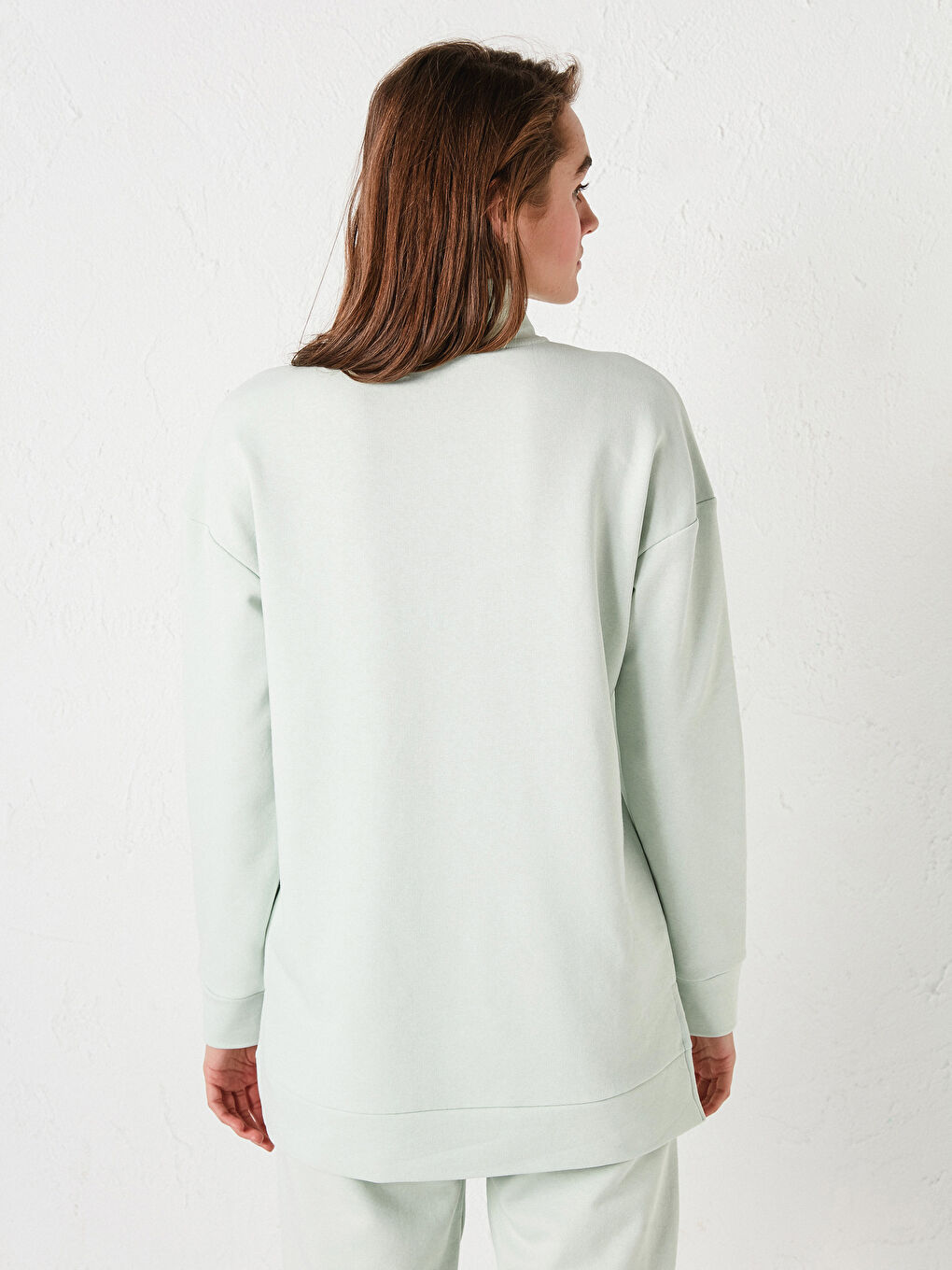 Yeşil Dik Yaka Düz Uzun Kollu Kadın Sweatshirt-3