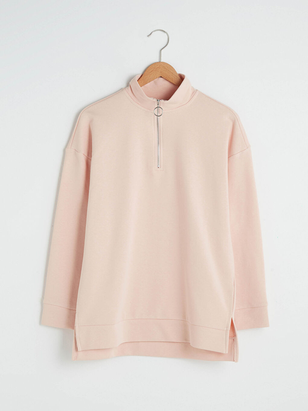 Pembe Dik Yaka Düz Uzun Kollu Kadın Sweatshirt-10