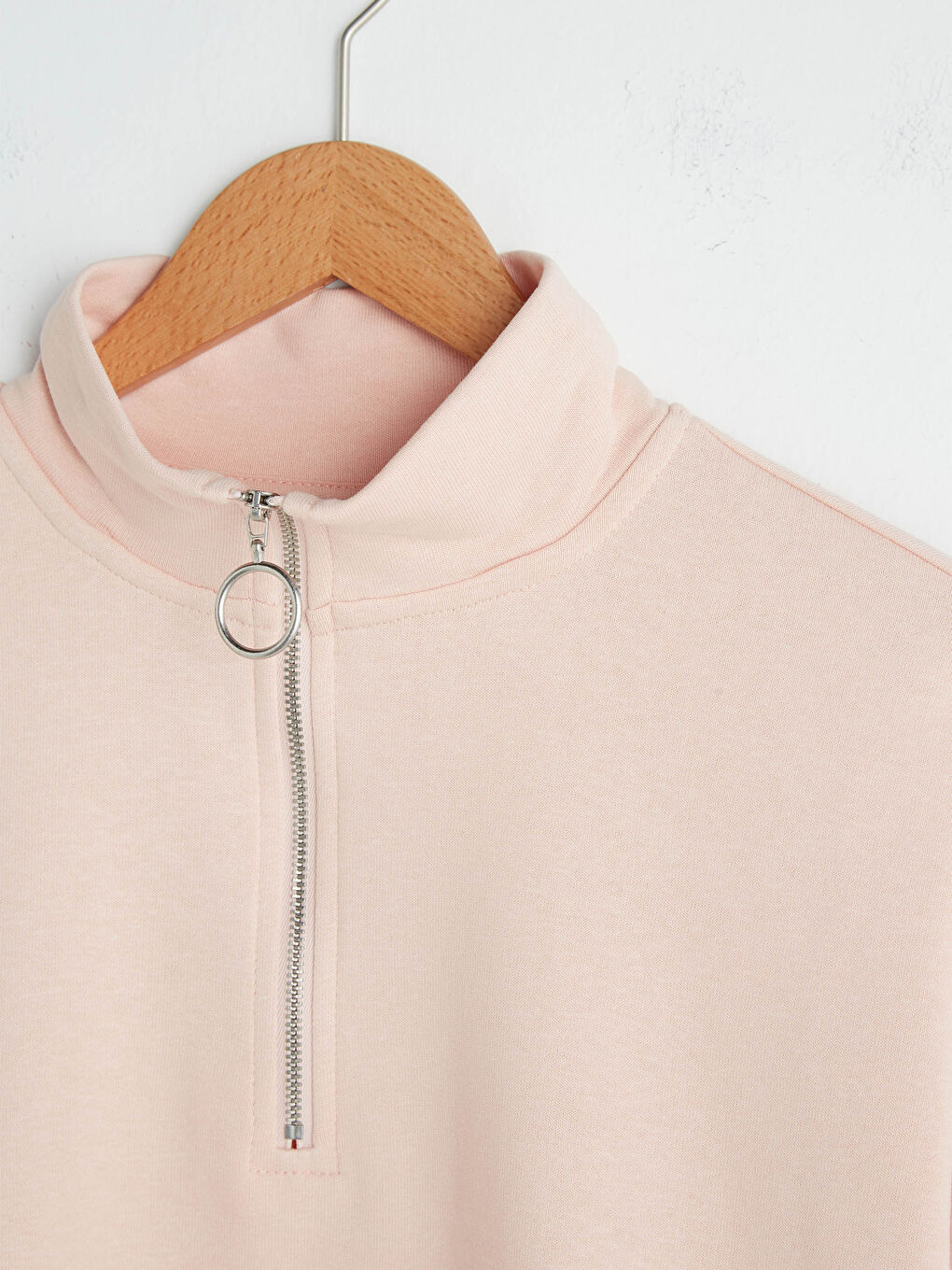 Pembe Dik Yaka Düz Uzun Kollu Kadın Sweatshirt-12