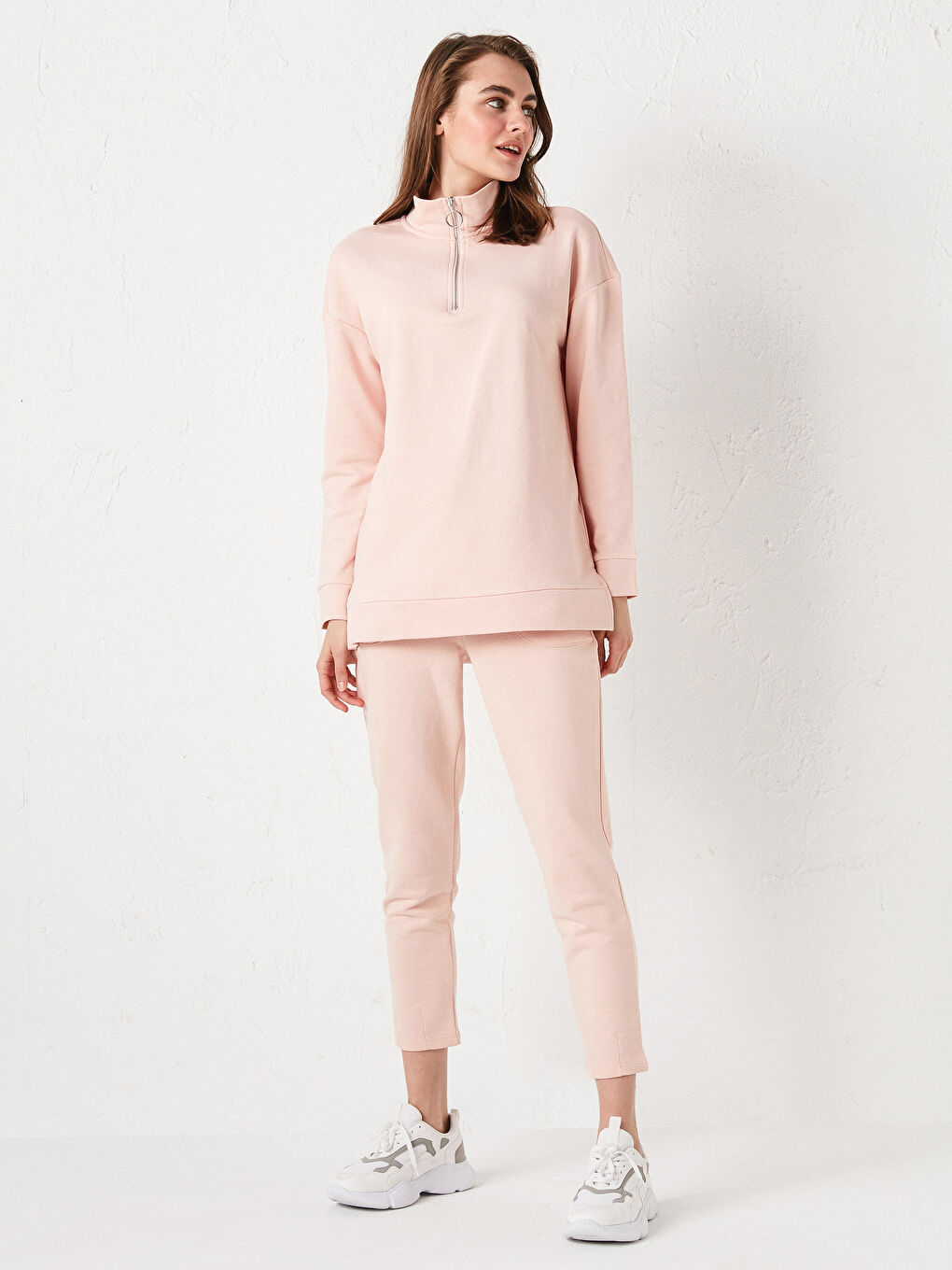 Pembe Dik Yaka Düz Uzun Kollu Kadın Sweatshirt-7