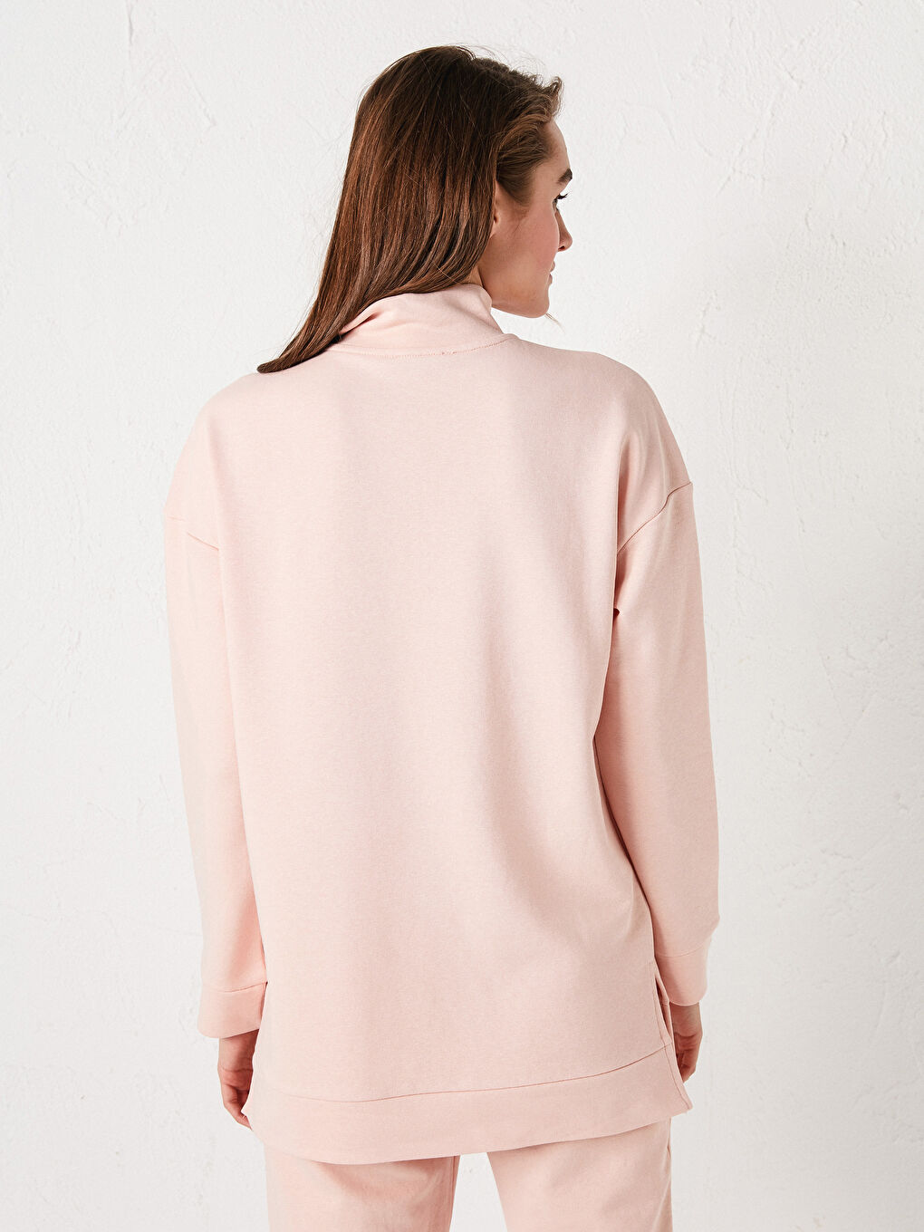 Pembe Dik Yaka Düz Uzun Kollu Kadın Sweatshirt-8