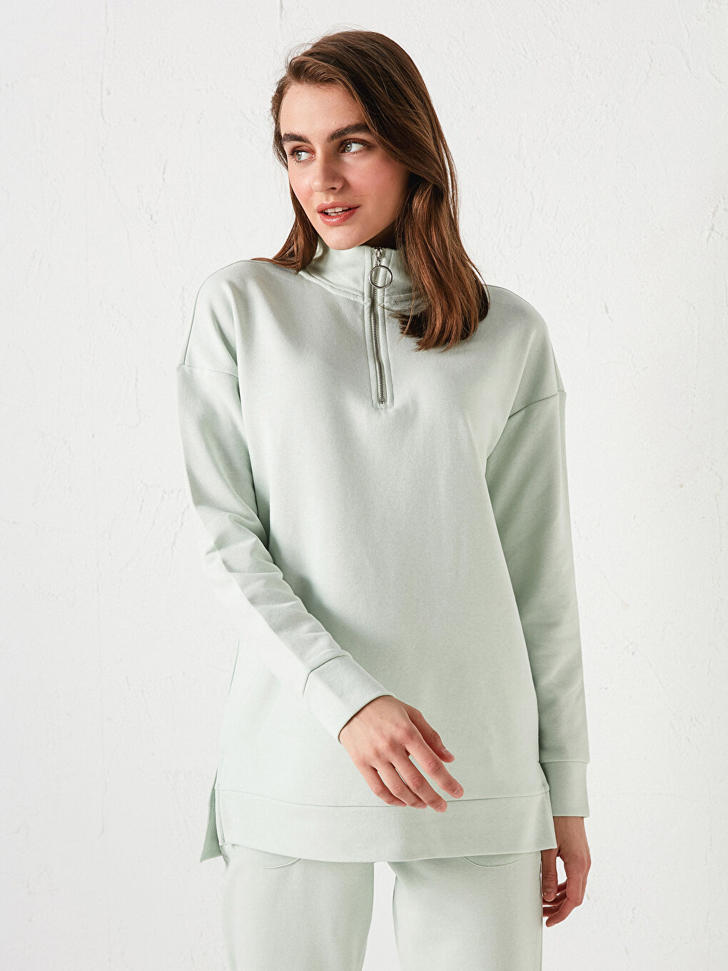 Yeşil Dik Yaka Düz Uzun Kollu Kadın Sweatshirt-4