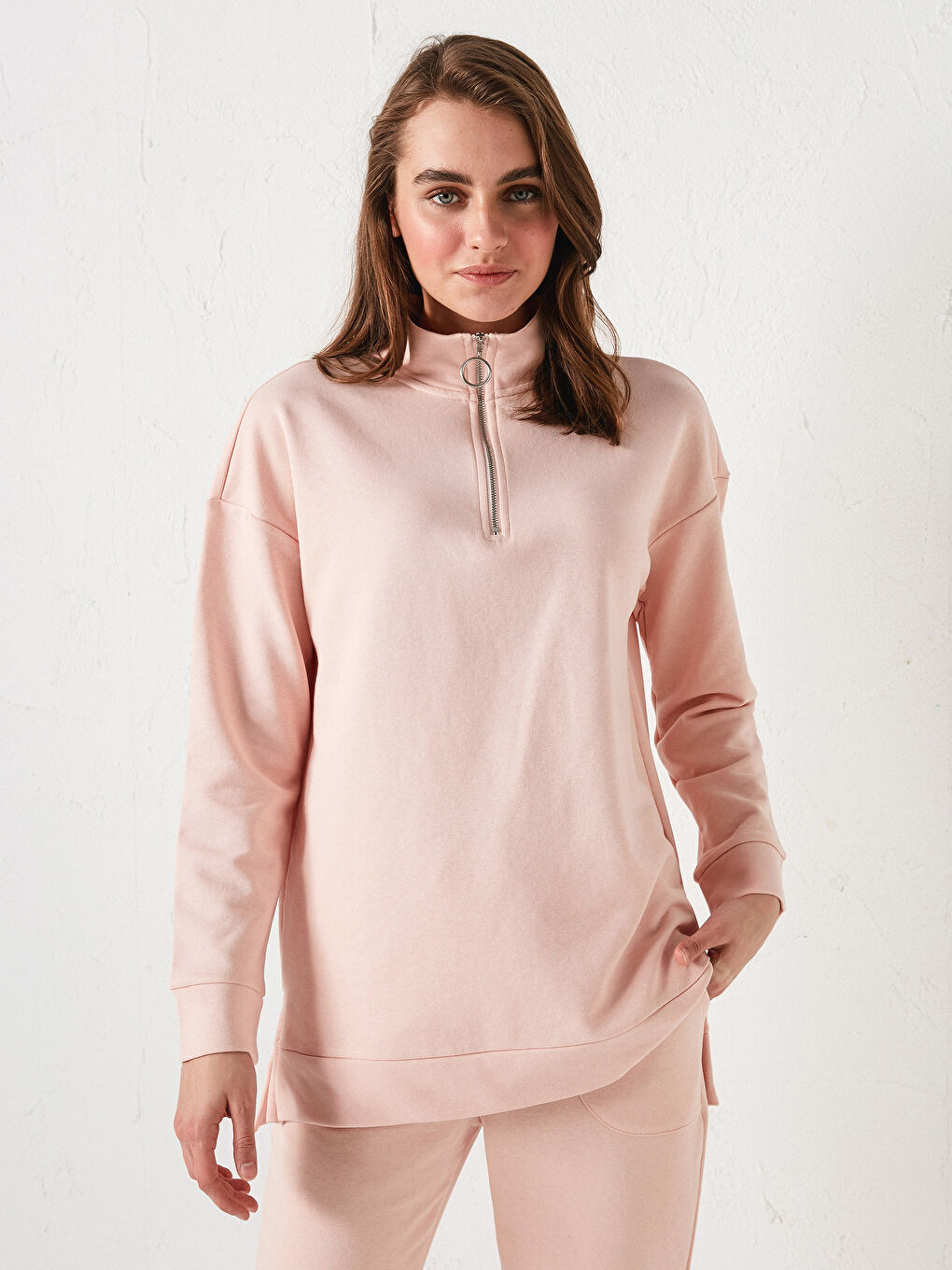 Pembe Dik Yaka Düz Uzun Kollu Kadın Sweatshirt-9