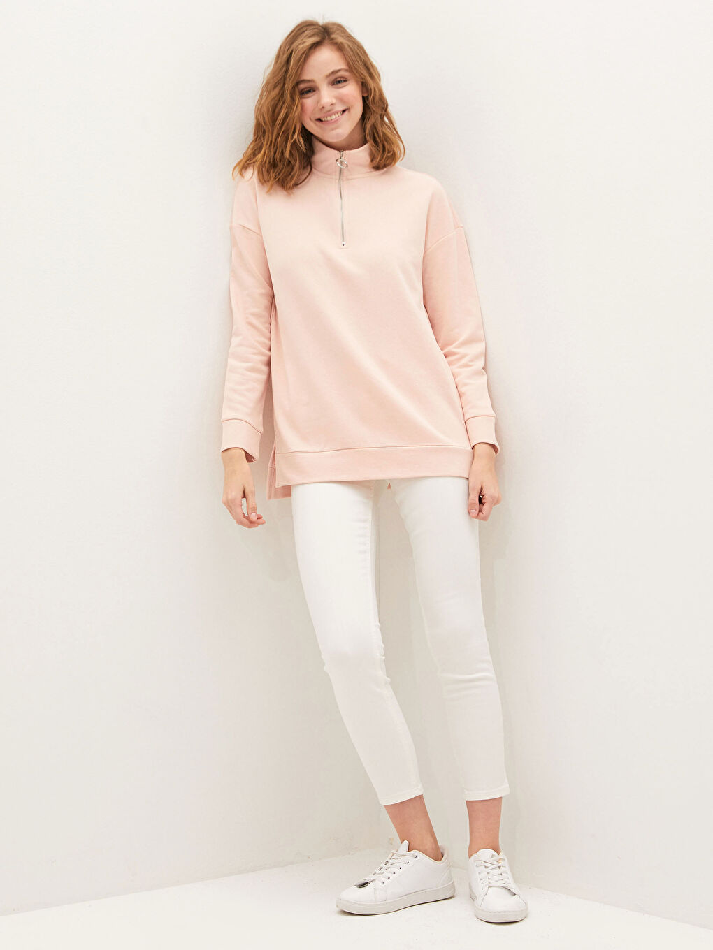 Pembe Dik Yaka Düz Uzun Kollu Kadın Sweatshirt-3