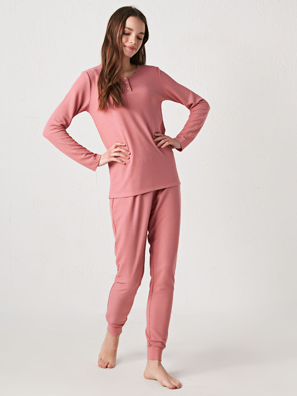 Pembe Bisiklet Yaka Düğme Detaylı Uzun Kollu Kadın Pijama Takımı-6