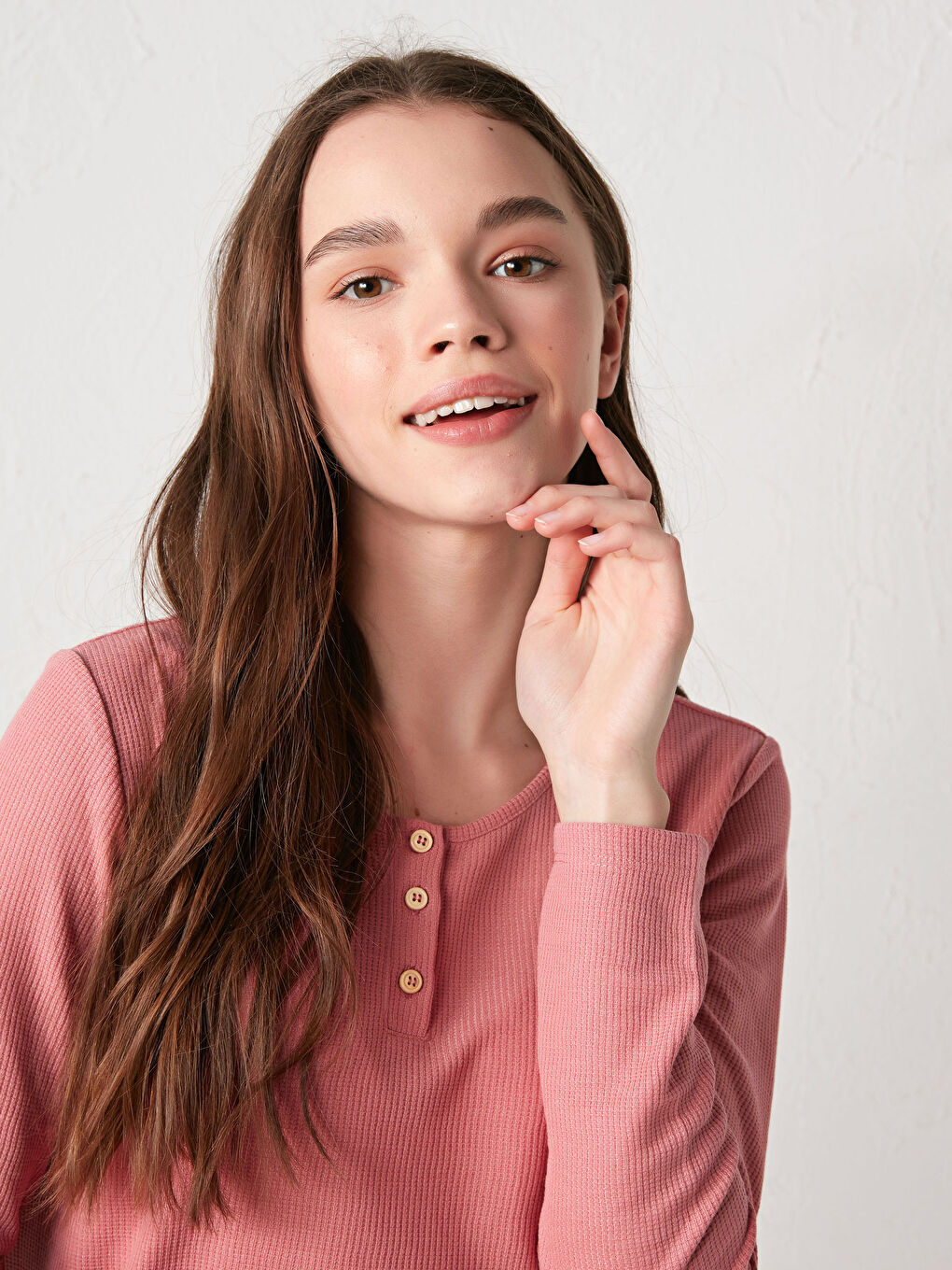 Pembe Bisiklet Yaka Düğme Detaylı Uzun Kollu Kadın Pijama Takımı-8