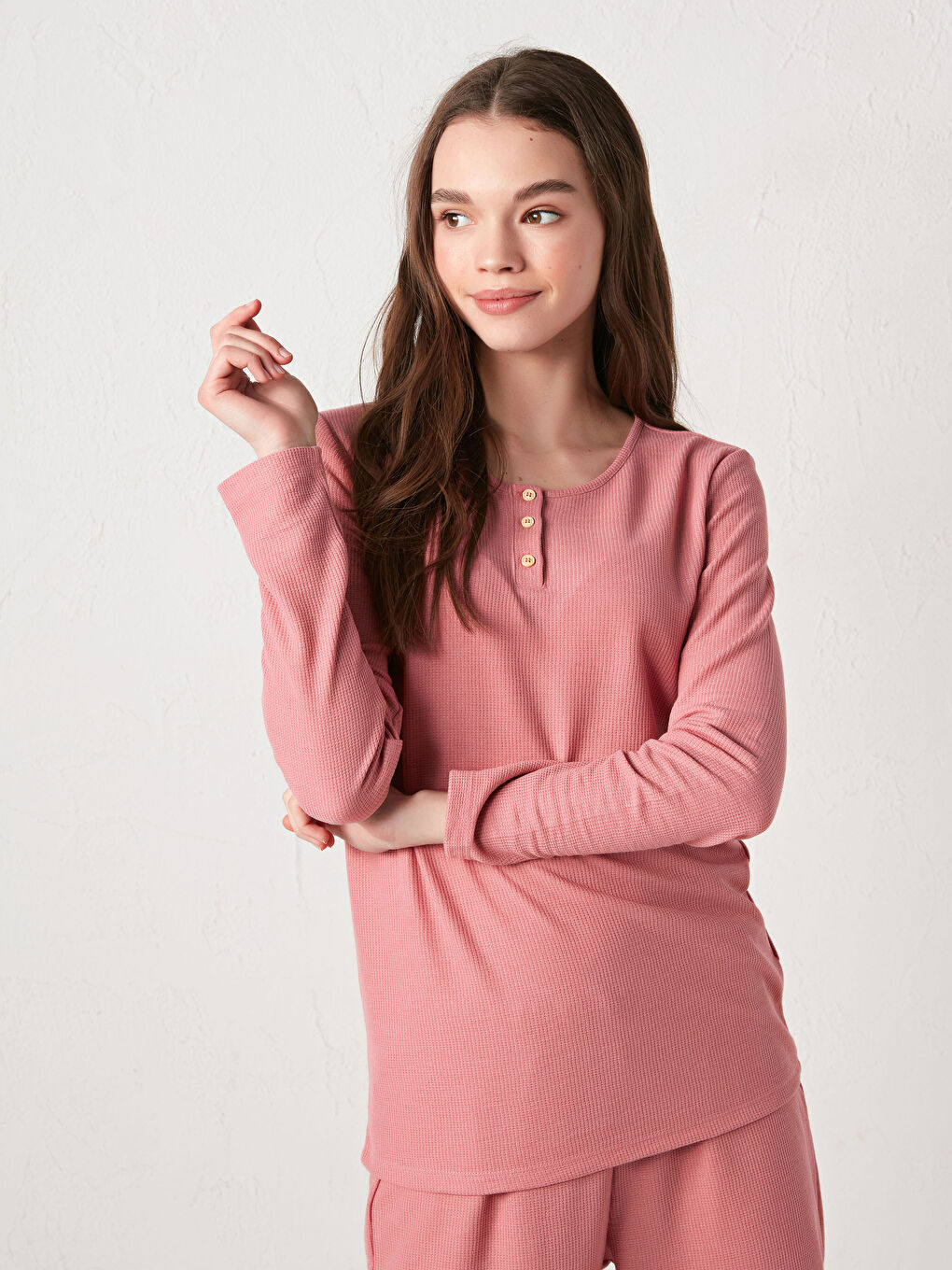 Pembe Bisiklet Yaka Düğme Detaylı Uzun Kollu Kadın Pijama Takımı-10