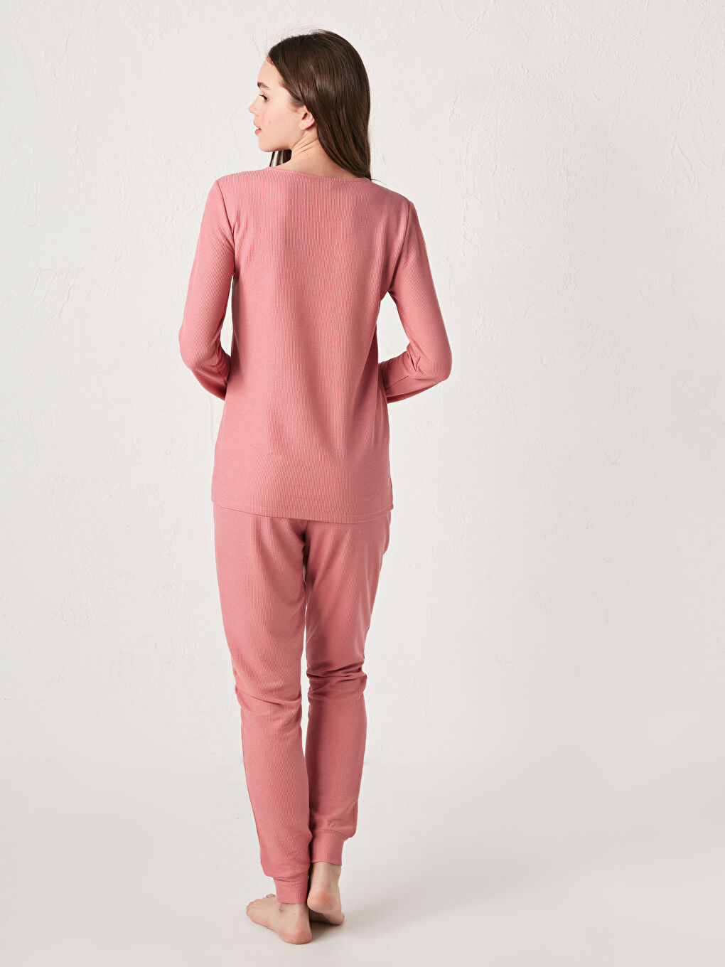 Pembe Bisiklet Yaka Düğme Detaylı Uzun Kollu Kadın Pijama Takımı-12