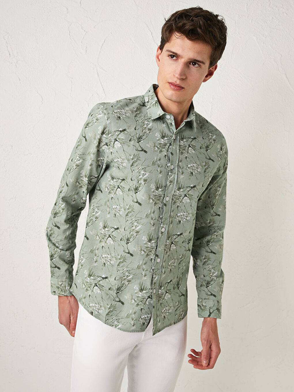 Yeşil Slim Fit Uzun Kollu Desenli Poplin Erkek Gömlek-1