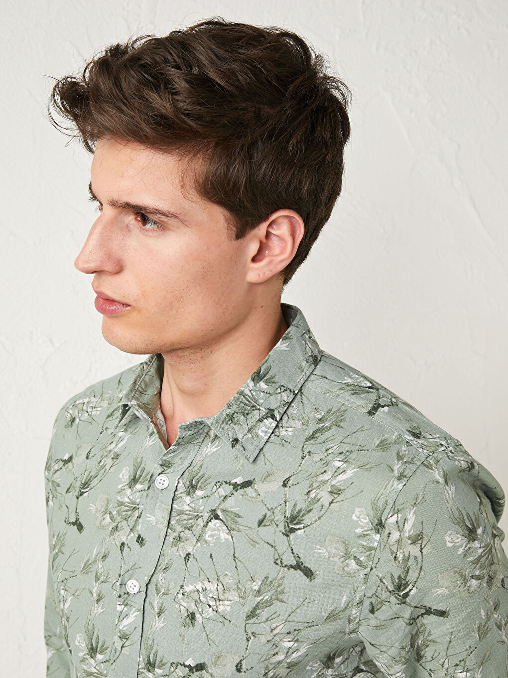 Yeşil Slim Fit Uzun Kollu Desenli Poplin Erkek Gömlek-2