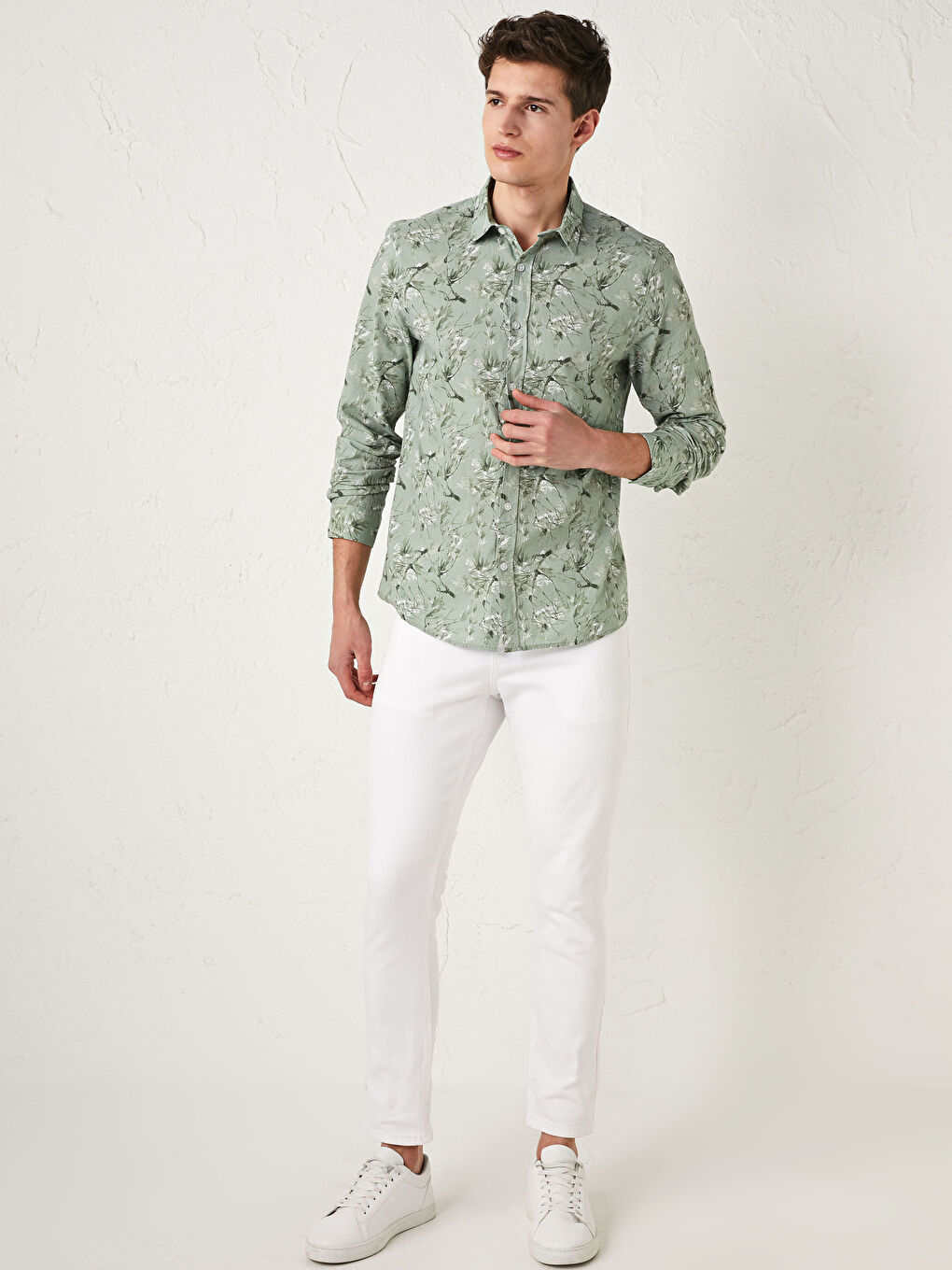 Yeşil Slim Fit Uzun Kollu Desenli Poplin Erkek Gömlek-3