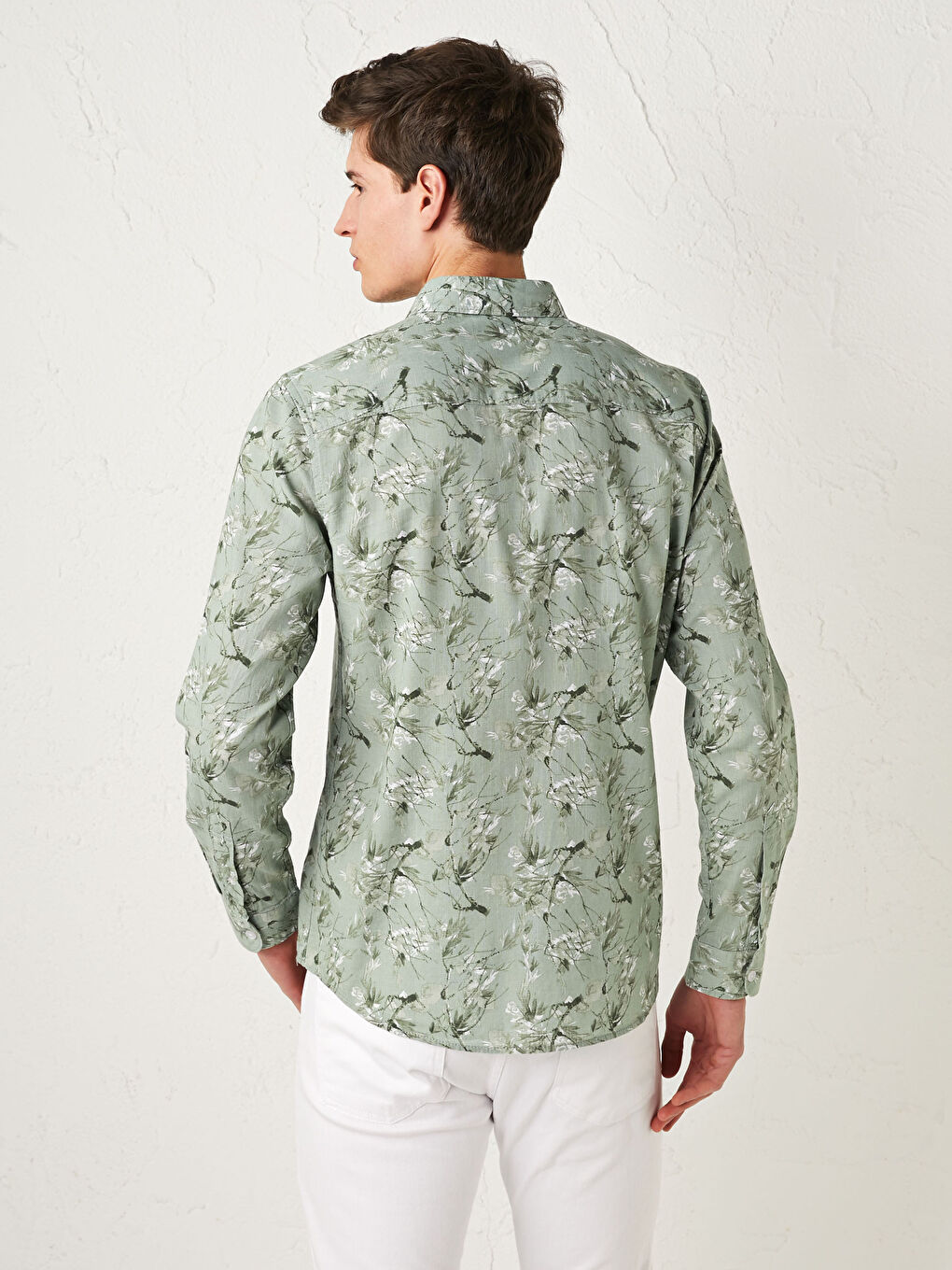 Yeşil Slim Fit Uzun Kollu Desenli Poplin Erkek Gömlek-4