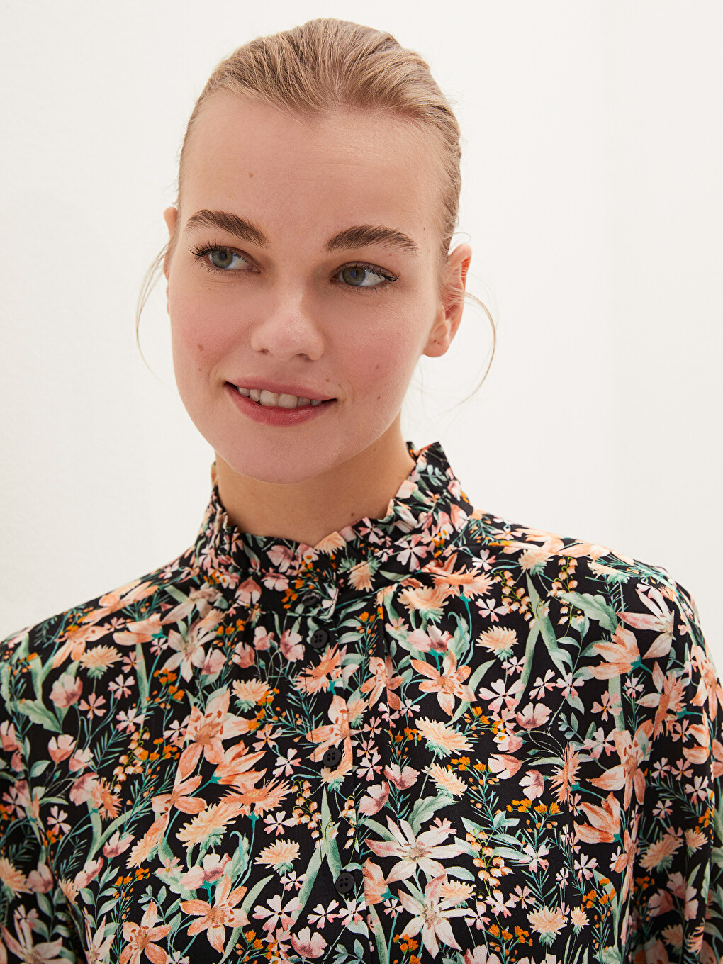 Chemise Femme à Col Volanté Imprimé Floral à Manches Longues en Viscose-2