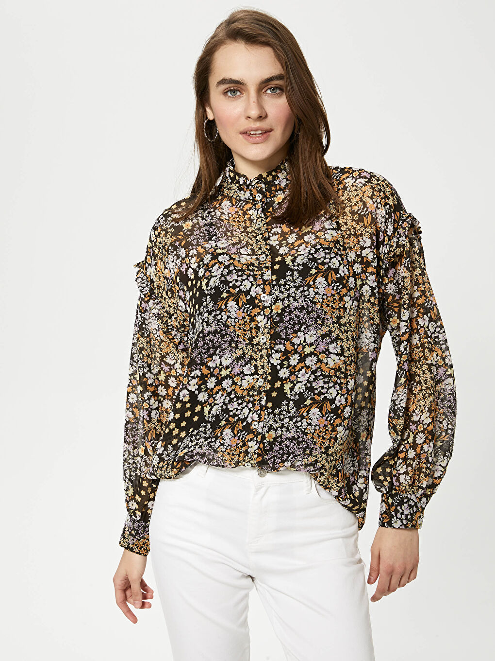 Chemise à Col Rond Imprimée à Manches Longues pour Femmes-1