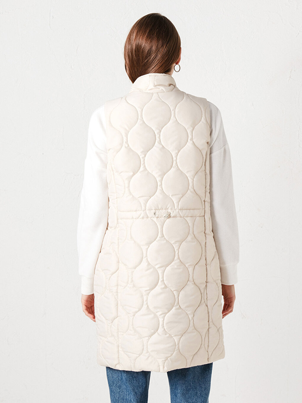 Bej Dik Yaka Kendinden Desenli Kadın Yelek-5