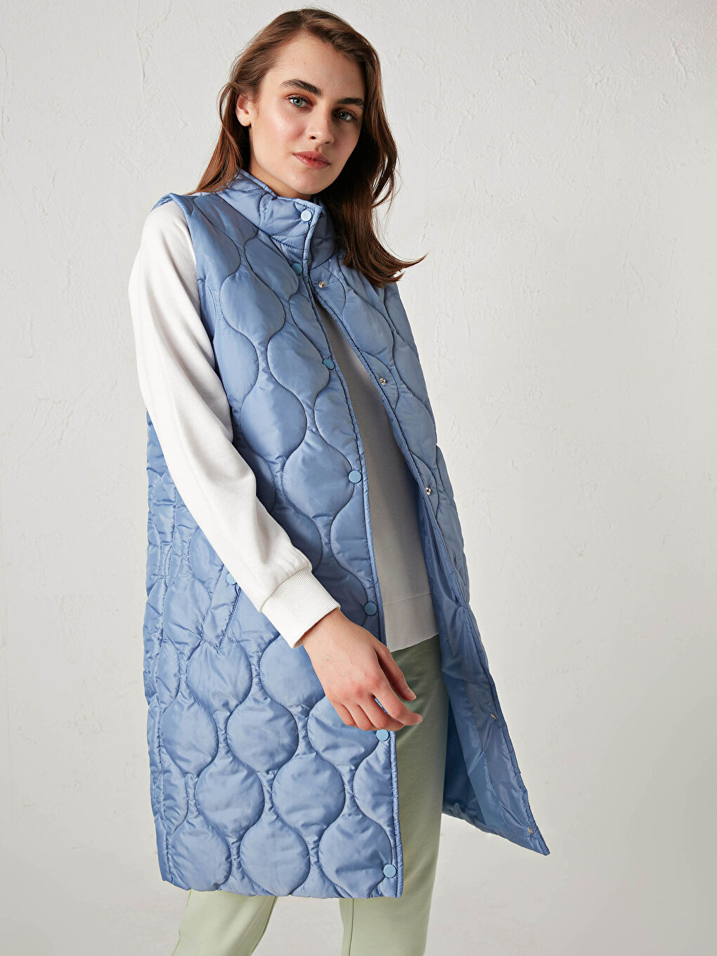 Mavi Dik Yaka Kendinden Desenli Kadın Yelek-1