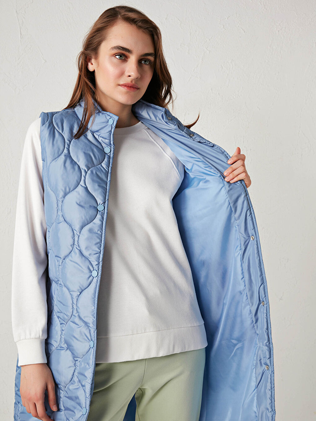 Mavi Dik Yaka Kendinden Desenli Kadın Yelek-2